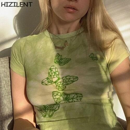 Cartoon kawaii goth printed tops Women green cute tee shirt femme Casual tie dye Short shirt Summer short sleeves Women clothes