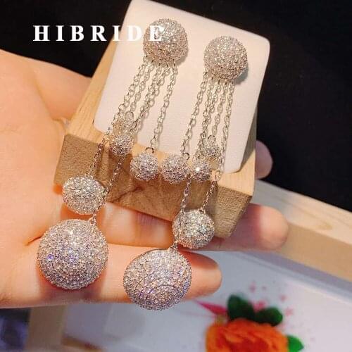 HIBRIDE New Arrival Long Round Drop Dangle Earrings AAA Cubic Zircon Pave for Women Pendientes Mujer Brincos Party Jewelry E-471