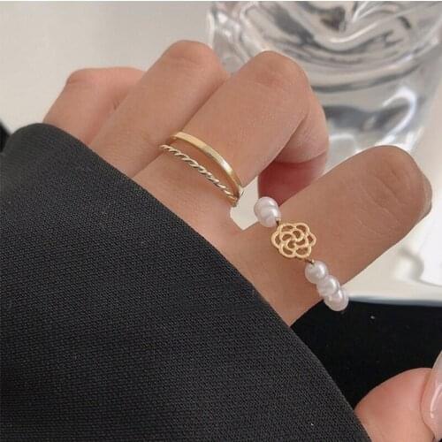 Fashion Pearl Camellia Rings Set For Women Girls Multi-layer Opening Ring Simple Couple Resizable Finger Ring Jewelry