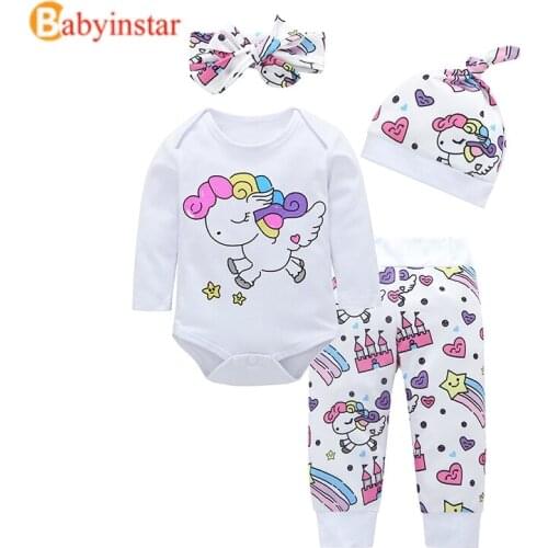 Boutique Girls Clothes Baby Girl Romper + Baby Headband + Baby Hat + Pants 4pcs Outfits Unicorn Rainbow Print Childrens Sets