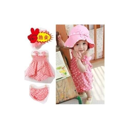 Girls dot dress set baby 3pcs set children wears clothing wear :Dress+Hat+Underpant. MOQ 1set