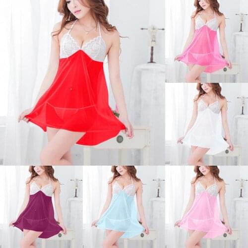 Sexy Lingerie Set For Women Underpants + Nightdress Babydoll Lace V Neck Mesh Transparent Underwear Sleepwear Lingerie Babydoll