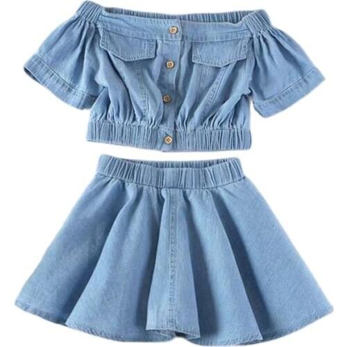 Girls Toddler Clothing Sets Summer Childrens Cowboy Suit Baby High Waist Sleeve Top + Short Skirt 2-Piece Outfit Kids Clothes