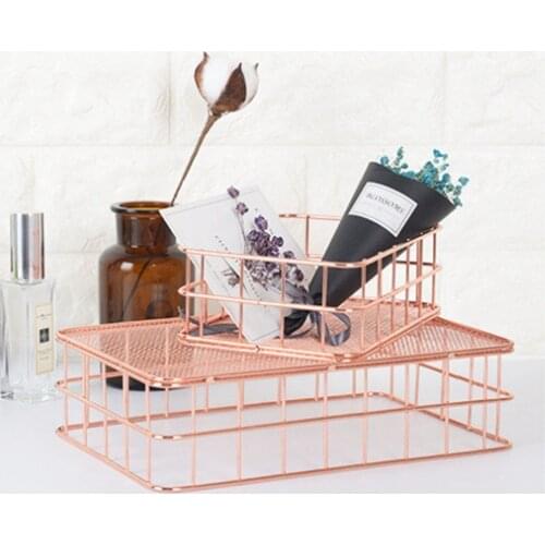 PPYY NEW -Storage Basket metal Wire Bathroom Shelves Makeup Organiser Rose Gold Brush Pen Holder Wire Mesh Bathroom Toiletries