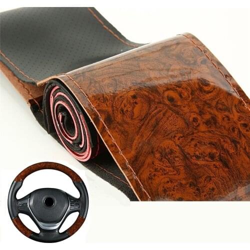 38cm Wooden Pattern Micfiber Leather Car Steering Wheel Cover Braiding Wheel Cover With Needle and Thread