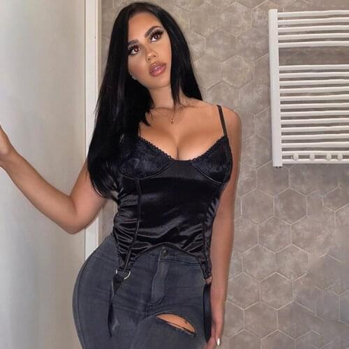 Lace Crop Top Women 's Hem Assymmetric Streetwear Summer Black Tops Spaghetti Strap Sleeveless Sexy Casual Tank