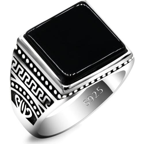 Square Turkish Jewelry Black Stone 925 Sterling Silver Natural Agate Stone Lady Ring Retro Punk Thai Silver Agate Jewelry Men