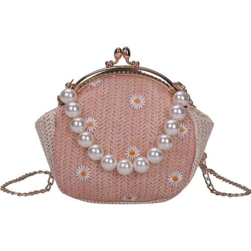 Summer womens bag new trendy messenger bag western style straw woven chain pearl handbag