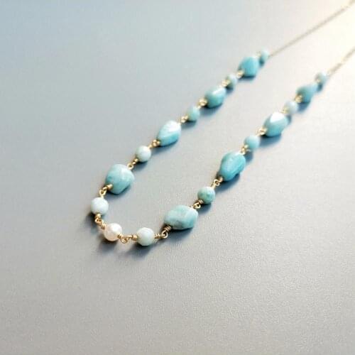LiiJi Genuine Larimar Freshwater Pearl Beads Goldfilled Delicated Handmade Necklace 40cm