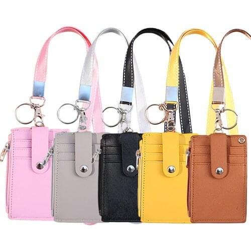 Fashion PU Leather Credit ID Bus Card Holder with 5-Slot 1-Pocket Detachable Lanyard for Men Women Boys Girls Students