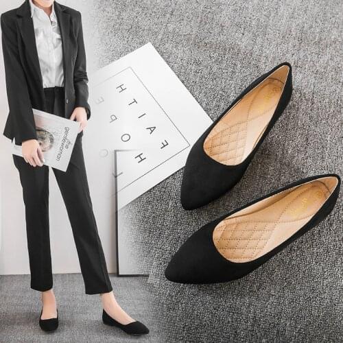 OL black work shoes woman pointed toe soft bottom dress flats shallow office ladies comfy moccasins flock slip on brief loafers