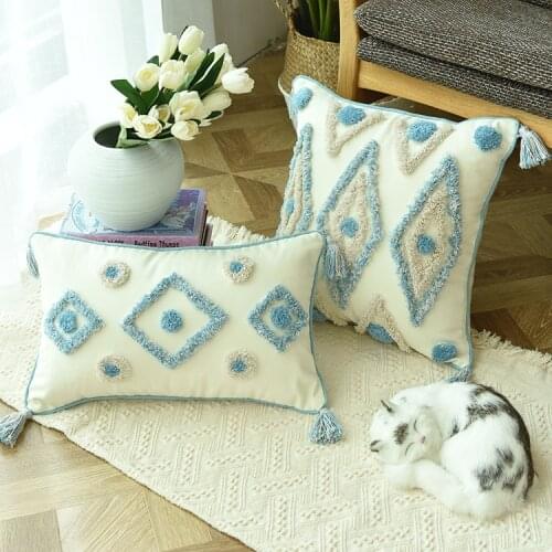 Luxury Home Decor Handmade Embroidery Pillow Cover Blue Rhombus With Tassels Cushion Cover Decorative PillowCase Pillow Sham
