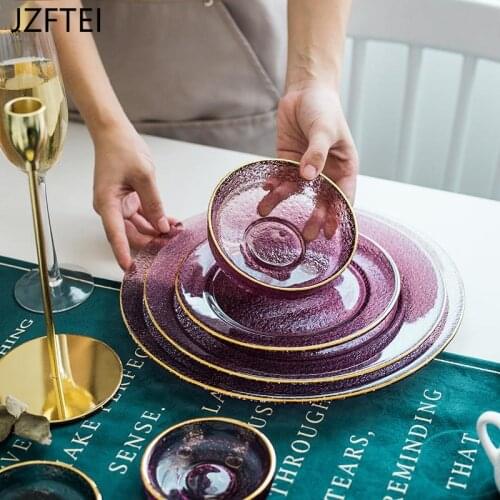 Nordic Style Home Dinnerwareround Golden Edge Crystal Glass Ceramic Salad Bowl Transparent Breakfast Fruit Dish Lunch Box