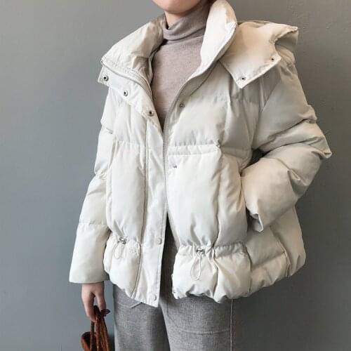 Novel Warm Winter Short Jacket Women Fashion Cotton Padded Parka Harajuku Hooded Overcoat Women Solid Female Drawstring Outwear