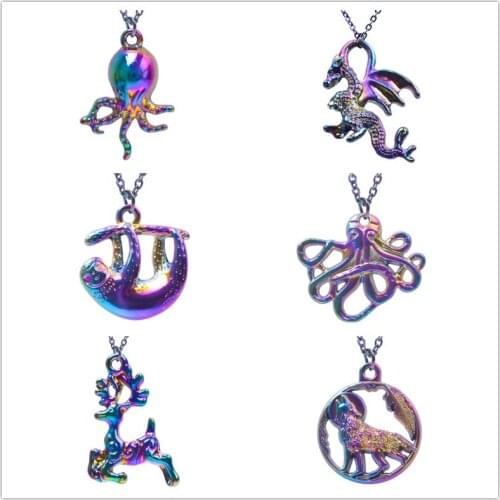 Octopus Deer Pendant Necklaces For Women Men Cute Animal Charm Wolf Necklace Rainbow Chain Around The Neck Fashion Jewelry Gift