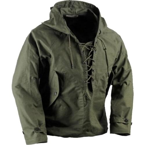 USN Wet Weather Parka Vintage Deck Jacket Pullover Lace Up WW2 Uniform Mens Navy Military Hooded Jacket Outwear Army Green