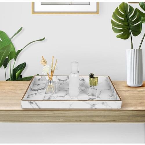 Large Gold Rim Serving Tray Marble PU Leather Tea Cup Sets Tray Kitchen Storage Box Fruit Food Cup Holder Tray Home Decoration