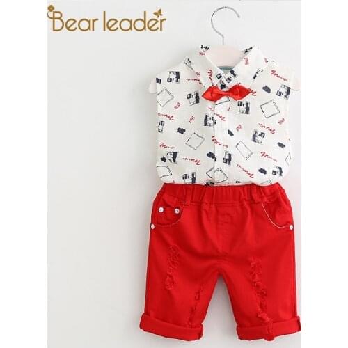 Bear Leader Kid Boys Clothing Sets Sleeveless Shirt with Bow-knot Cartoon Print Pattern Casual Pant 2PCS Fashion Children Outfit