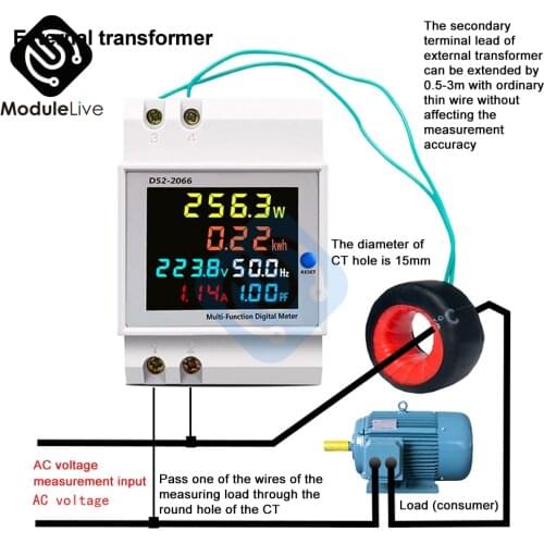 D52-2066 Din Rail AC Monitor 6IN1 110V 220V 380V 100A Voltage Current Power Factor Active KWH Electric Energy Frequency Meter