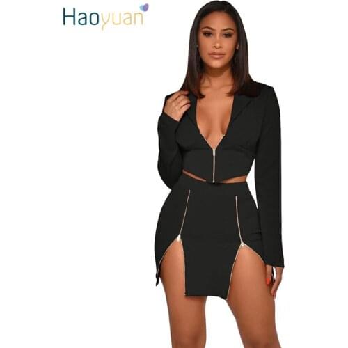 HAOYUAN Sexy 2 Piece Skirt Set Women Rave Festival Clothes Long Sleeve Zip Crop Blazer Top Matching Sets Two Piece Club Outfits