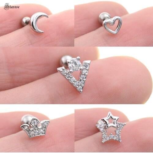 Starose 1pc 18G Rod Crystal Crown Star Moon Ear Ring Studs Pearl Helix Piercing Cartilage Lobe Tragus Earrings Women Men Jewelry