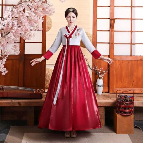 Korean Hanbok Folk Traditional Dress Female Long Sleeve Floral Embroidery Princess Palace Traditional Retro Performance Costume