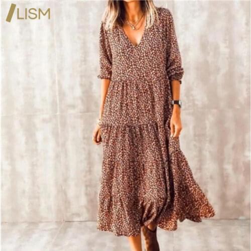 Vintage Boho Floral Printing Ruffle Ankle-Length Dress Summer Sexy V-Neck Party Holiday Dress Casual Party Beach Sundress Femme