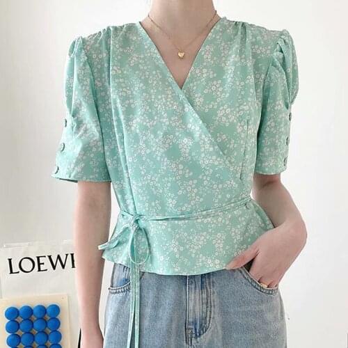 XEASY Women Shirt Sweet Cross V Neck Floral Print Casual Blouse Femme Puff Sleeve Chic Ruffles Lace Up Blusas Tops New Summer