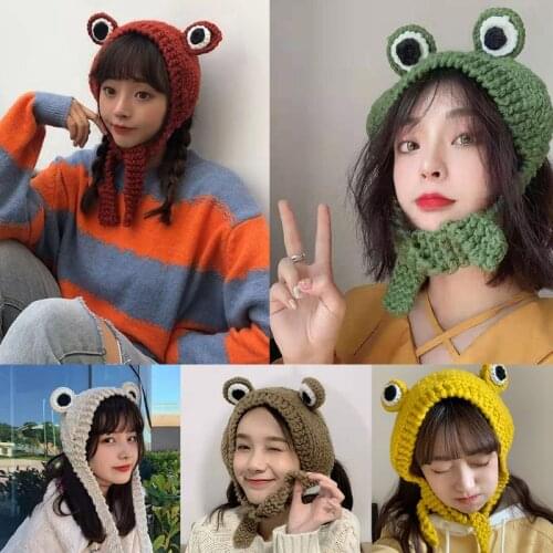 Women Men Cute Frog Eyes Weave Knitted Skullies Beanie Hat Solid Color Chunky Crochet Harajuku Winter Warm Earflap Cap Photograp