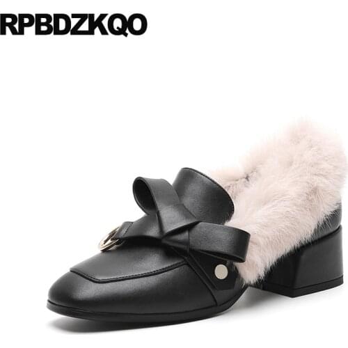 Chunky handmade european designer shoes women fur 2019 medium heels metal black bow genuine leather square toe customized white
