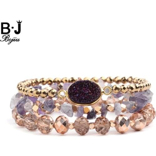 3 Pcs/Set Boho Natural Druzy Stone Bracelets Women Anomaly Purple Quartz Gold Copper Nuggets Hematite Crystal Bracelets BCSET279