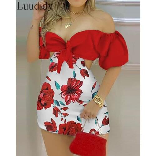 Women Summer Floral Print Off Shoulder Knotted Puff Sleeve Skinny Romper Casual One Piece Women Jumpsuit Romper
