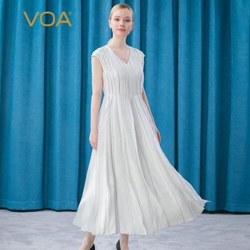 VOA 100% Silk 30 M/m White Elegant Summer Dresses for Women Party V Collar Sleeve High Waist Big Swing Princess Skirt AE577