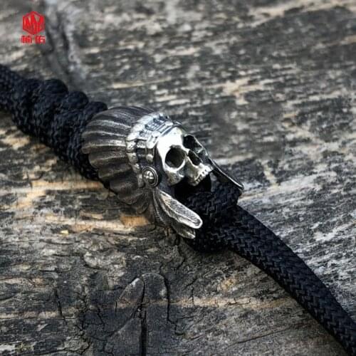 1PC Original Handmade Indian Skull 925 Silver EDC Paracord Beads Lanyard Pendants Knife Beads Umbrella Rope Cord Beads Pendants