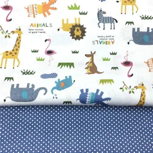 100% cotton twill cloth cartoon Savannah animals blue small dots fabric for DIY crib bedding cushions quilting handwork decor
