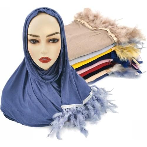 2020 NEW Feather Jersey Scarf Women Muslim Hijabs Plain Color Fringe Scarves Popular Shawl Female Islamic Turban Foulard 10Pcs