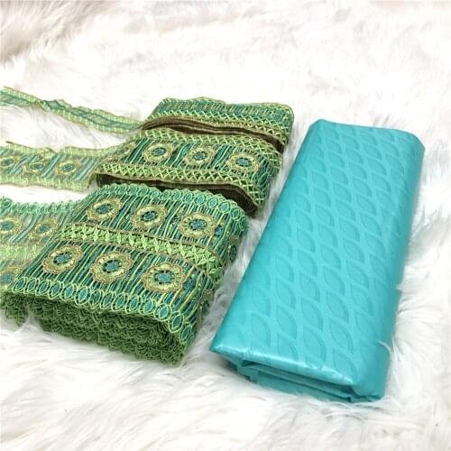 African Cotton Shiny teal green Bazin Riche Fabric 5yards with 15yards cord lace matching guipure lace fabric with bazin
