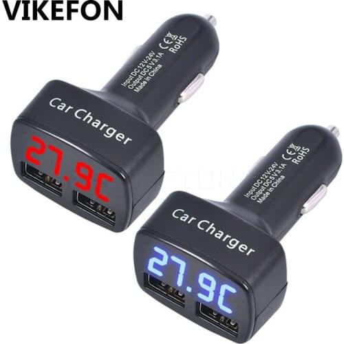 VIKEFON Dual USB Car Charger 5V 3.1A Universal 4 in 1 with Voltage/temperature/Current Meter Tester Adapter Digital LED Display