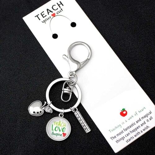 Teacher Teach Love Inspire Keychain Apple Book Ruler Keychains Key Chain Key Ring Women Men Male Unisex Keyring Jewelry Gift