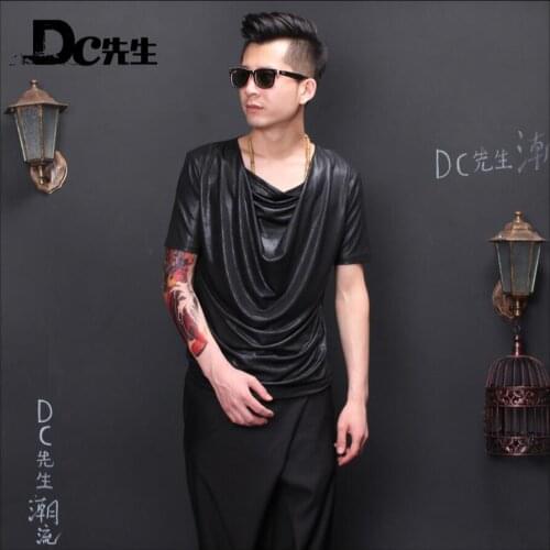 Hot ! Korean Men Slim Short-sleeved Shirt Nightclub Stage Hairstylist Nightclub Tooling Tide Fold T-shirt Singer Costumes Tops