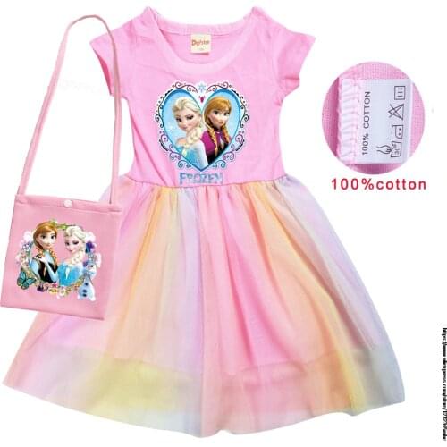 Disney Summer Frozen Elsa Girl Cotton T Shirt + Print +bag Gauze Patchwork Dress Children Girl Home Party Casual Clothes Dresses
