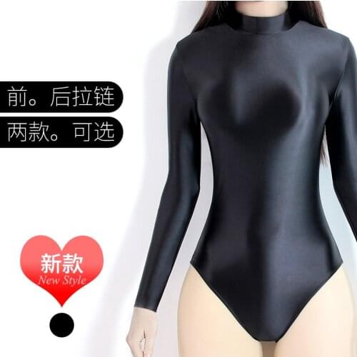 DROZENO Tight-fitting silky glossy high-fork one-piece swimsuit womens solid color bottoming T-shirt top with long sleeves
