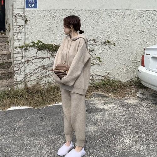 Autumn Winter Loose Hooded Knitted Sweater Suit Soft Casual Pullover Ankle Length Pants Grey Black Knitting Two-Piece Suit