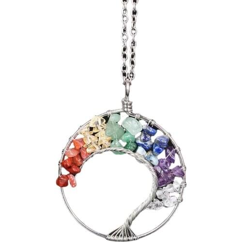 Handmade Chip Stone Chakra Necklace Tree of Life Copper Wire Wrapped Necklace Silver Color