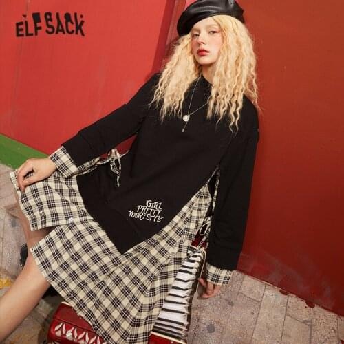 ELFSACK Plaid Patchwork High Waist Casual Preppy Dresses Women,2021 Spring Vintage Embroidery Korean Ladies Daily 2-IN-1 Dress