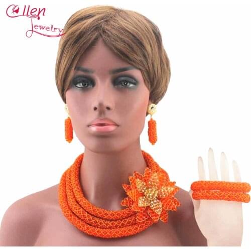 Luxury African Beads Jewelry Set Flower Pendant Necklace Orange Nigerian wedding beads Bridal Jewelry Set for Women W13298