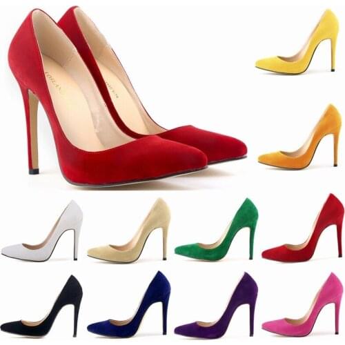 Women Pumps Brand Black Classic Office & Career Sexy Wedding Pointed Toe Flock 11CM Thin High heels Slip On size 35-42 shoes