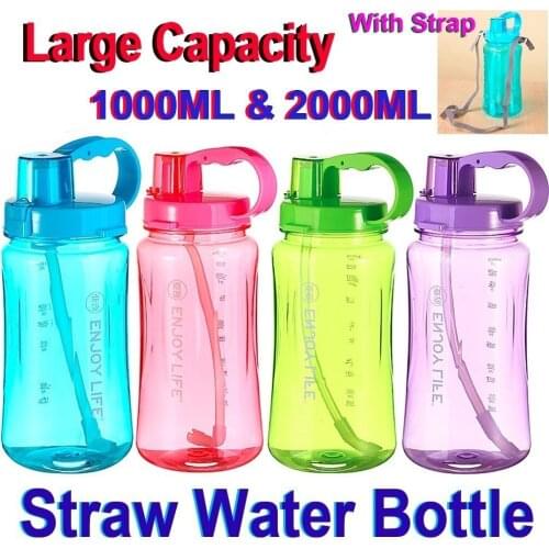 LARGE CAPACITY 4 CANDY COLORS 1L/2L Oversized Space Plastic 2000ml Large Capacity Sports Straw Water Bottle With Strap BPA Free