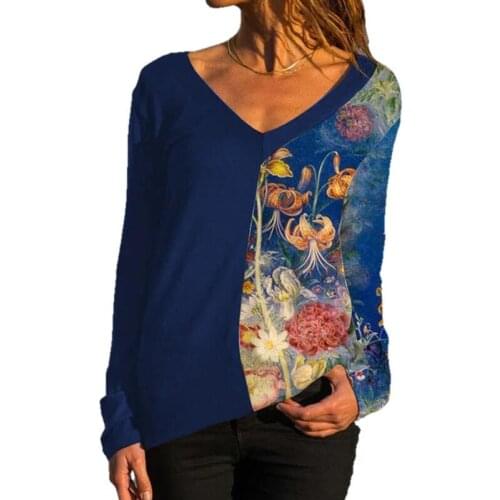 Women V-Neck Flowers Print Long Sleeve T-shirt Autumn Casual Loose Vintage Patchwork Tops Pullover Female Plus Size Streetwear