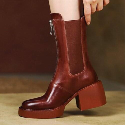 Military Oxfords Women Genuine Leather Round Toe Ankle Boots Motorcycle Cowgirl Chunky Creeper Shoe 34 35 36 37 38 39